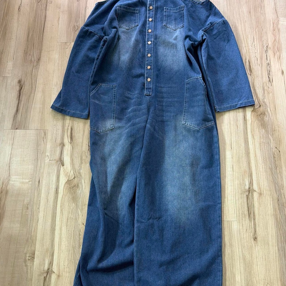 Vintage Denim Off Shoulder Jumpsuit Blue Adjustable Straps Workwear